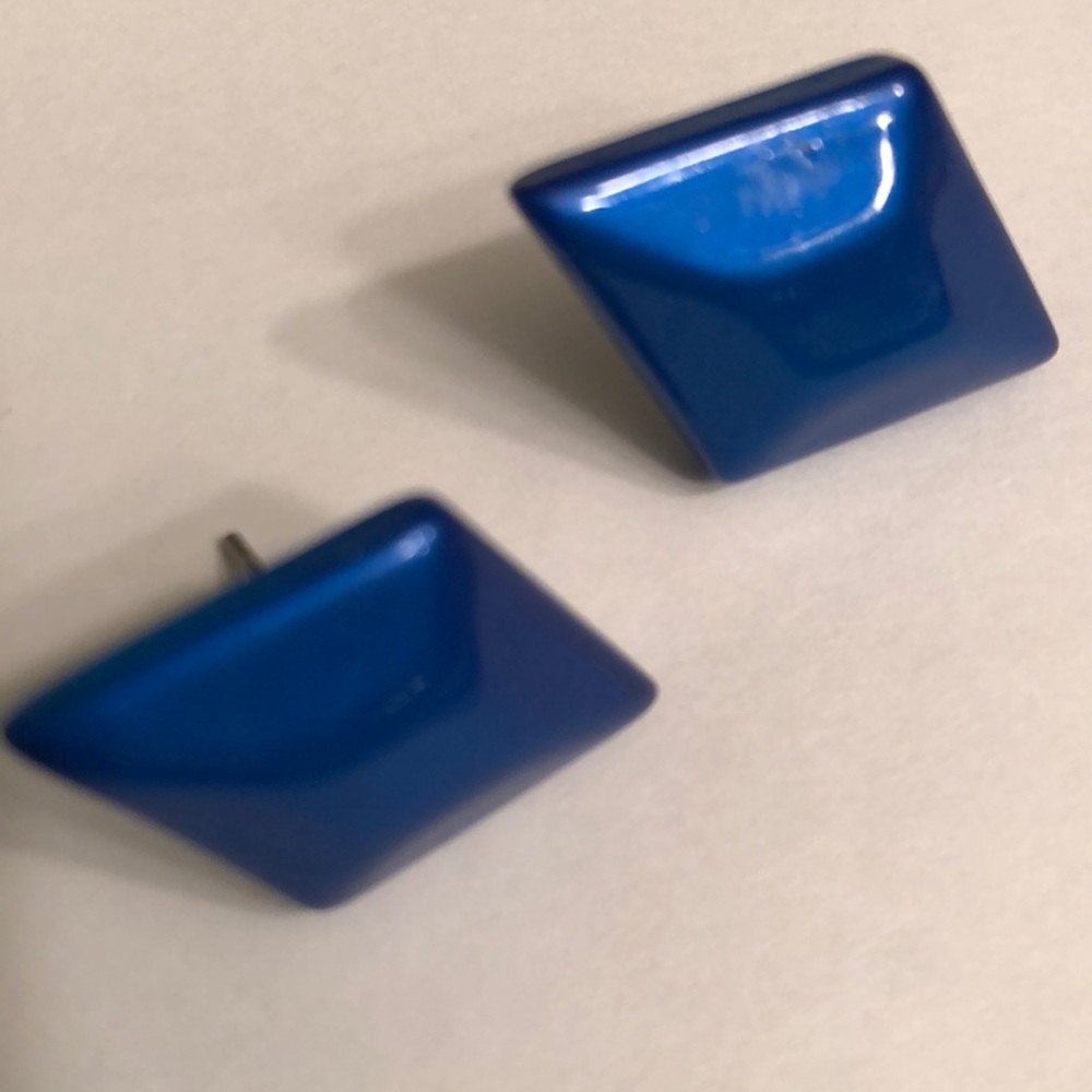 Vintage Royal Blue Glossy Beveled Diamond Shape Stud  Pierced Earrings - #432